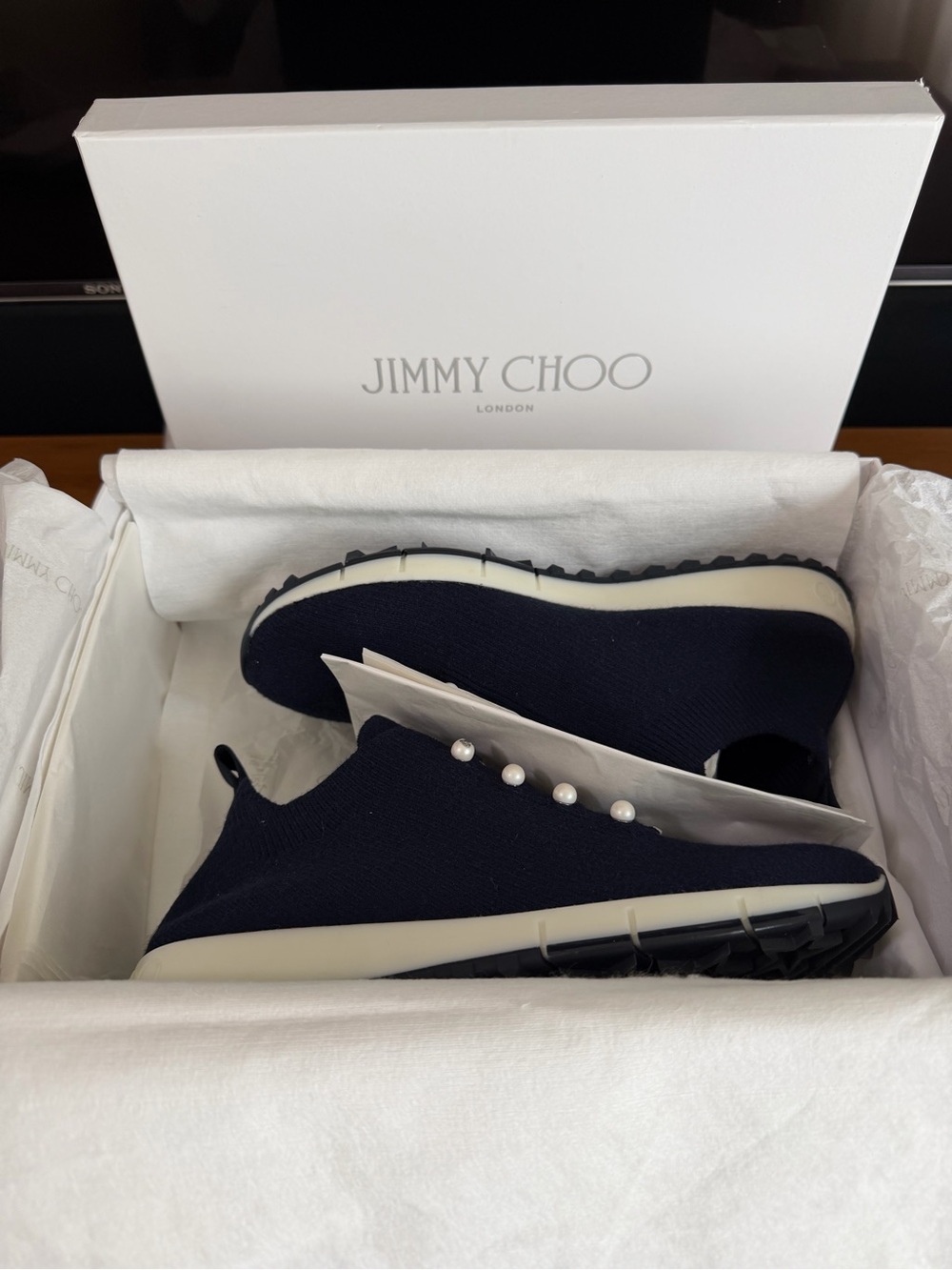 Jimmy Choo Veles Pearl Knit Sneakers in Marine Mix 36.5